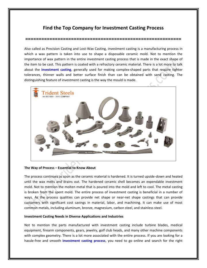 PPT - Find the Top Company for Investment Casting Process PowerPoint Presentation - ID:11755927