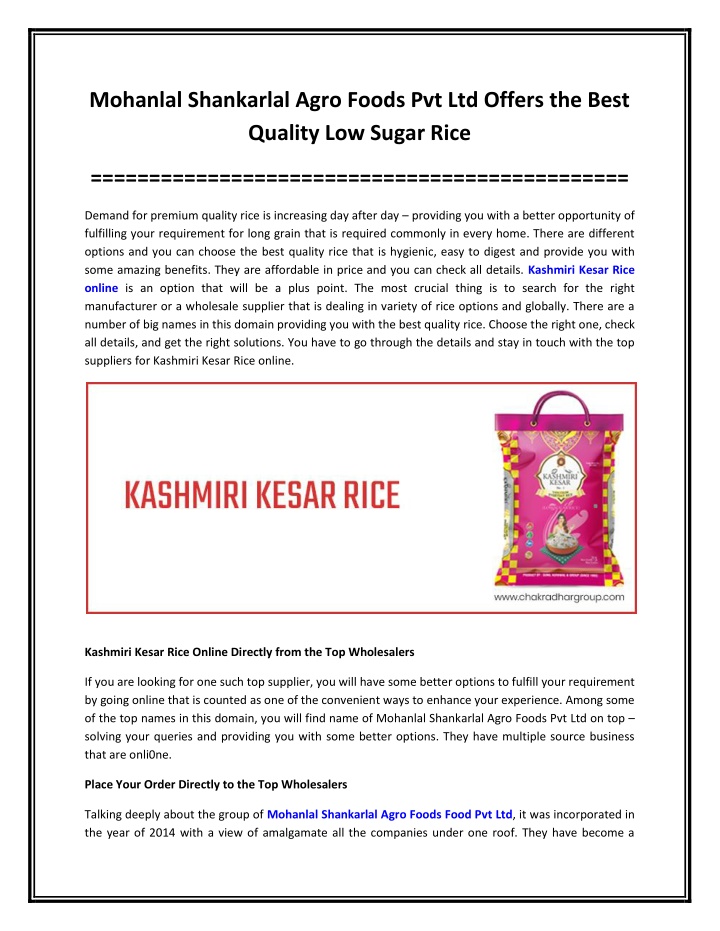 PPT - Mohanlal Shankarlal Agro Foods Pvt Ltd Offers the Best Quality Low Sugar Rice PowerPoint Presentation - ID:11790344