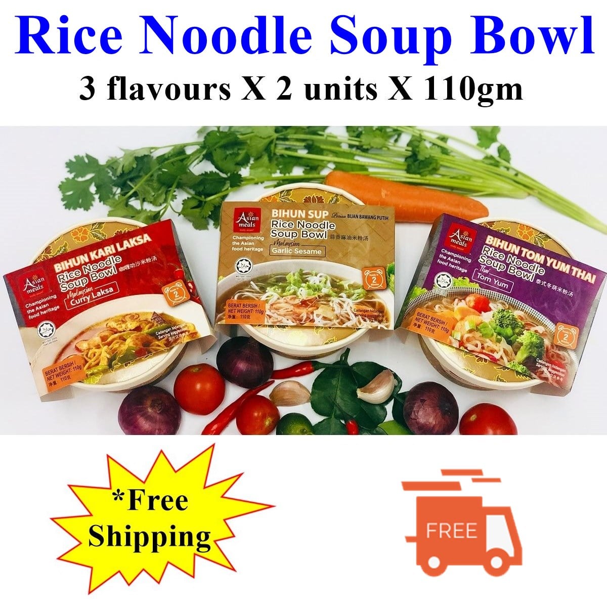 AsianMeals® Rice Noodle Soup Bowl: 3 flavours X 2 X 110gm | AsianMeals