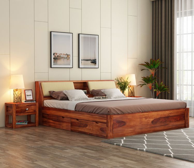 Buy Walken Sheesham Wood Bed with Full Drawer Storage Online (Queen Size, Honey Finish)