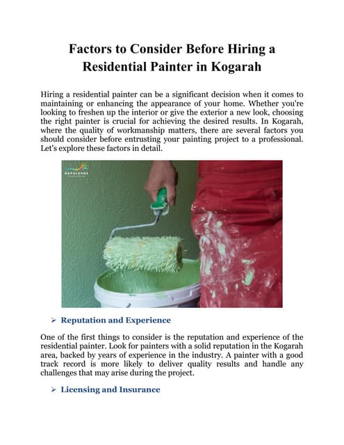 Factors to Consider Before Hiring a Residential Painter in Kogarah | PDF