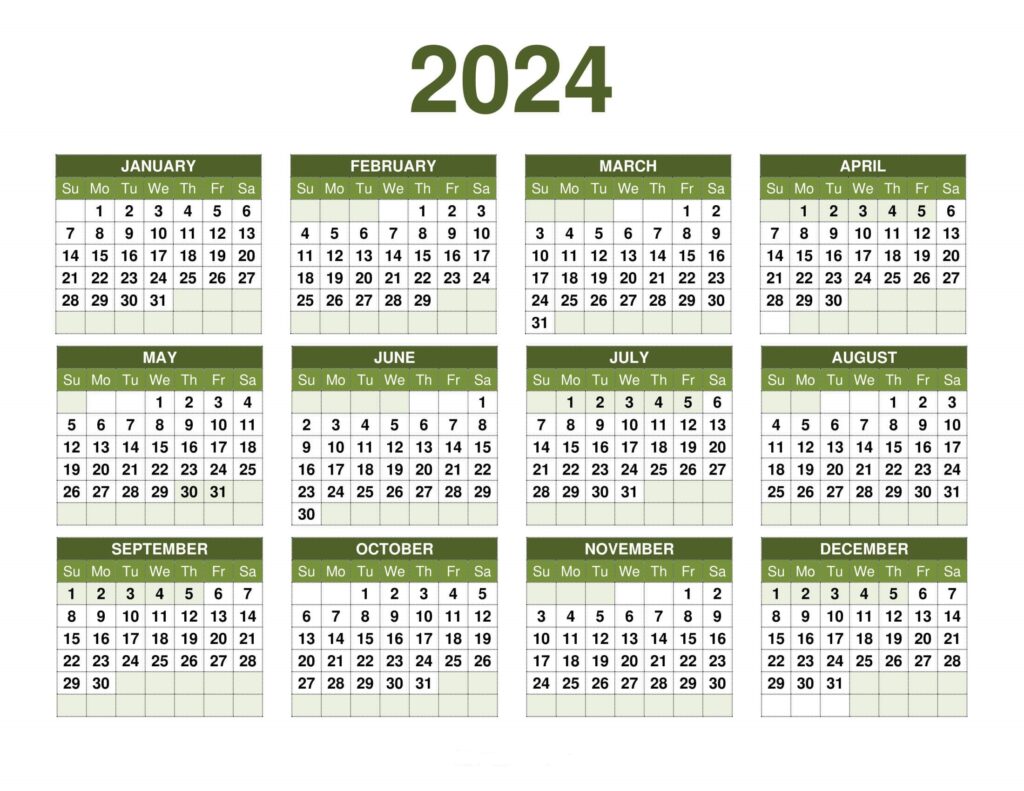 Free Printable Year At A Glance Calendar of the Year 2024