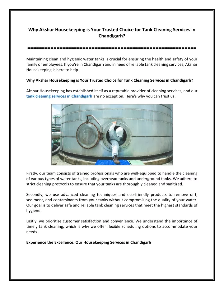 PPT - Why Akshar Housekeeping is Your Trusted Choice for Tank Cleaning Services in Chandigarh PowerPoint Presentation - ID:13051759