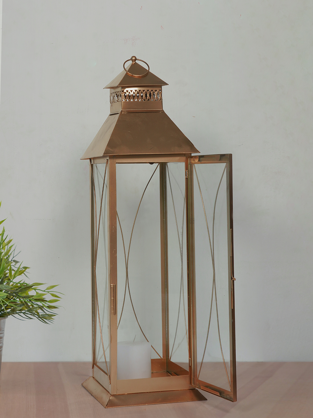 12 Inch Tall Golden Steel and Glass Candle Lantern (Without Candle)