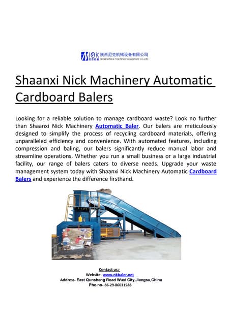 Shaanxi Nick Machinery's Automatic Cardboard Balers | PDF