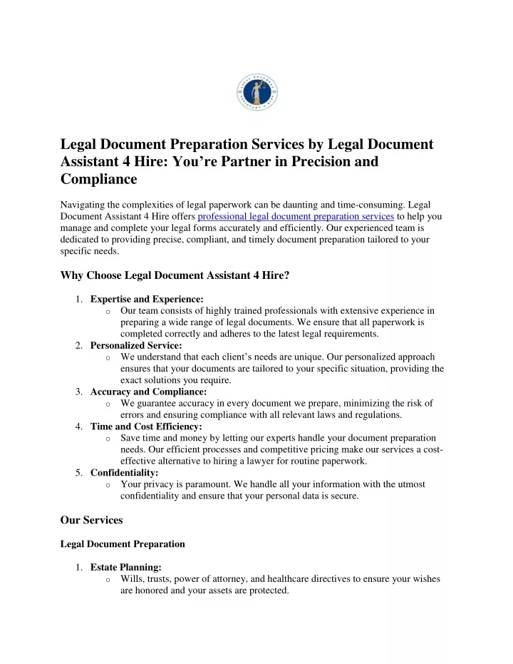 PPT - Legal Document Preparation Services by Legal Document Assistant 4 Hire PowerPoint Presentation - ID:13350556