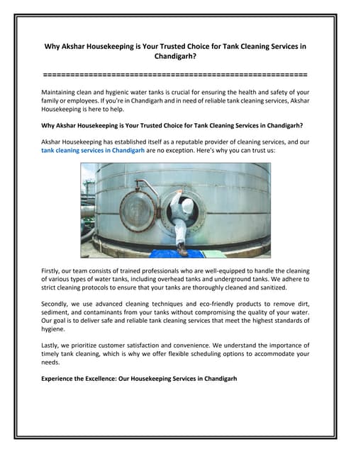 Why Akshar Housekeeping is Your Trusted Choice for Tank Cleaning Services in Chandigarh? | PDF