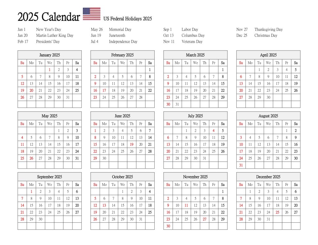 Printable 2025 Calendar with Holidays (12 month on one page)