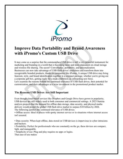 Improve Data Portability and Brand Awareness with iPromo's Custom USB Drive | PDF