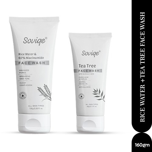Soviqe - Tea Tree Face Wash with Glycolic Acid – 60g&Rice Water & 02% niacinamide Face Wash100gm